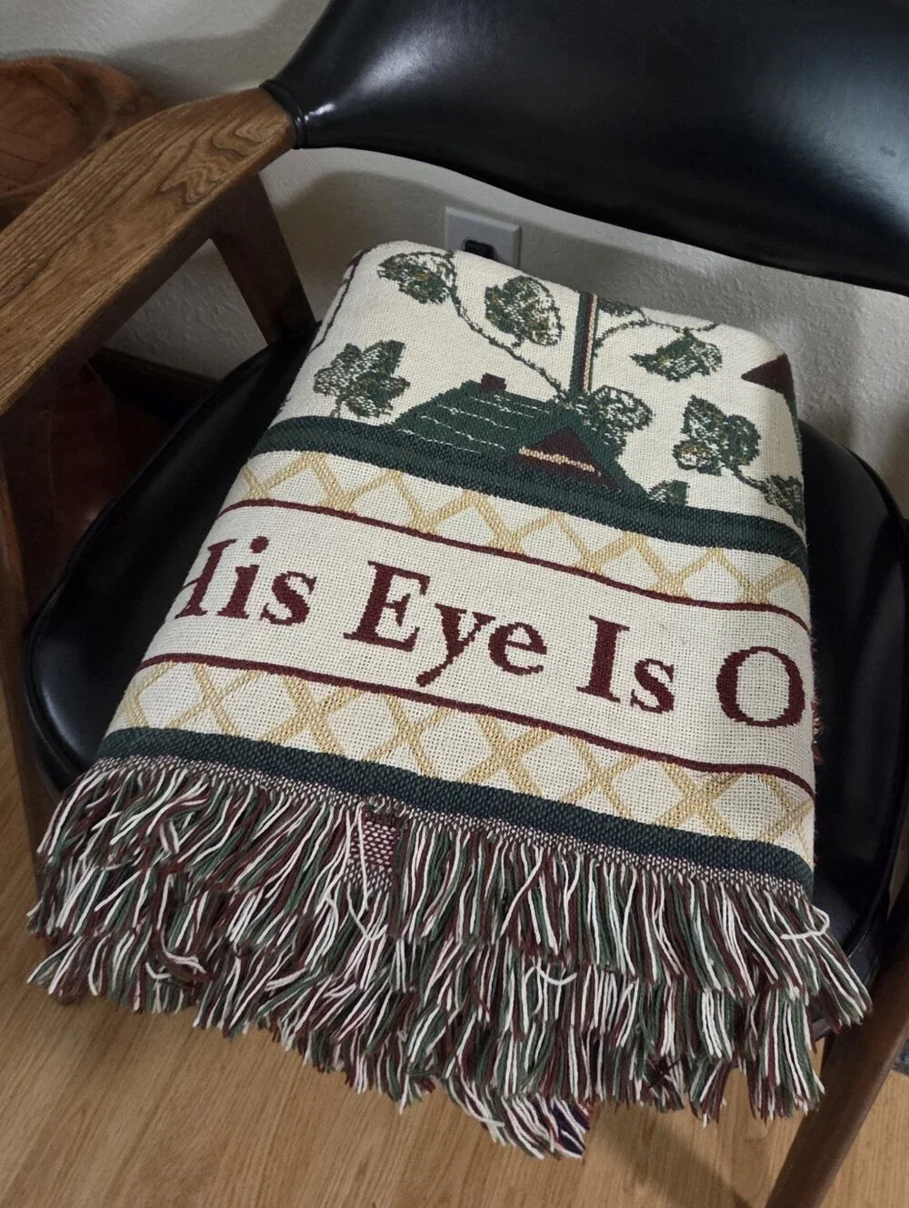 Vintage Christian Throw Blanket His Eye Is On The Sparrow Birdhouse Tapestry 90s